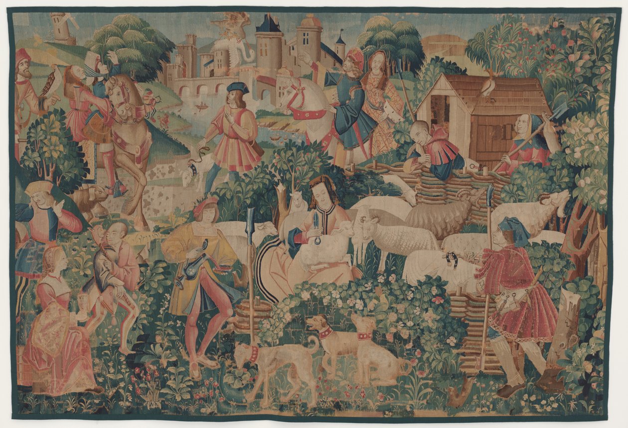 Jagdszenen und pastorale Szenen mit einer Schafhirtin beim Scheren von design probably French 16th Century, Paris; woven in southern Netherlands or Paris in an undetermine workshop