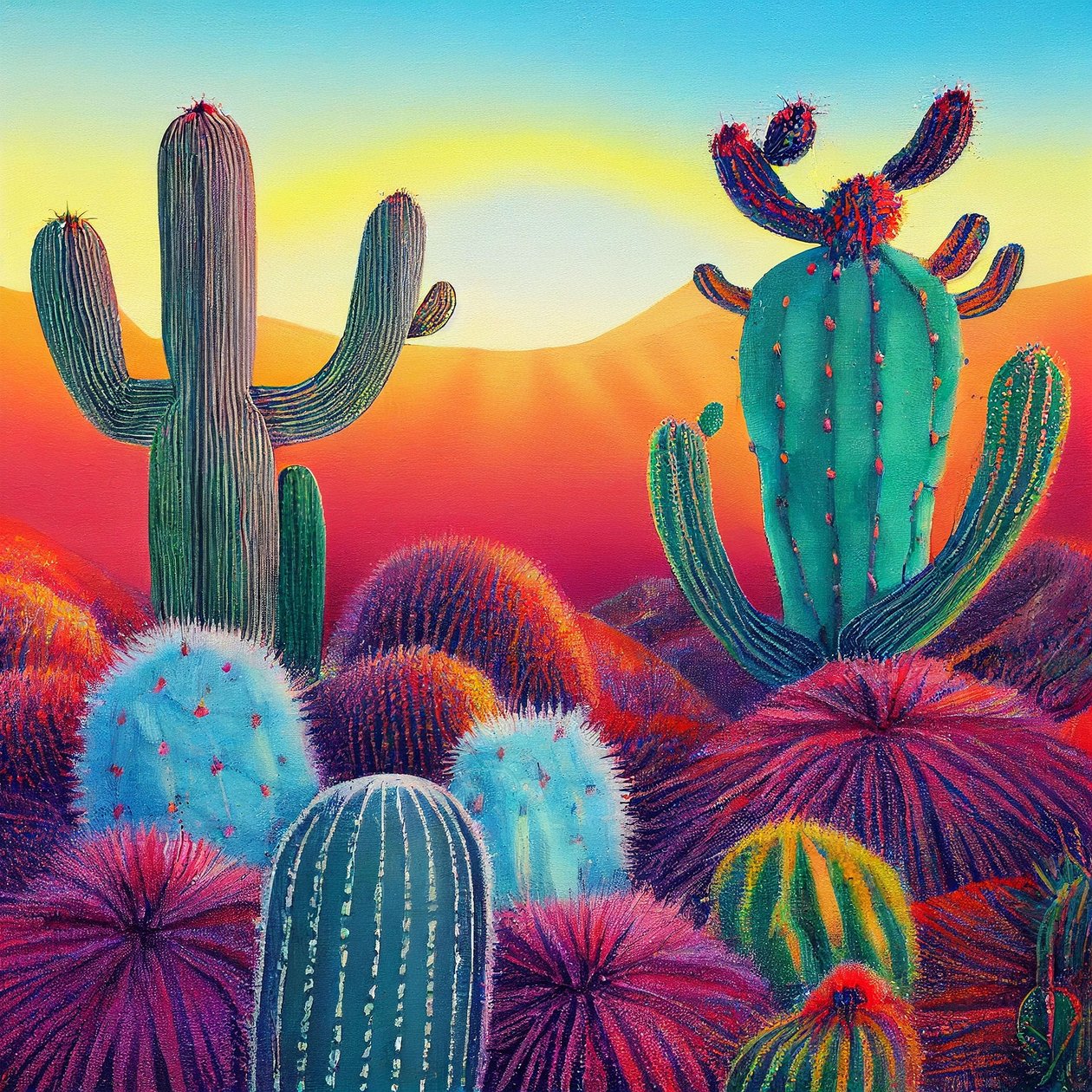Ein lebendiges Gemälde: Sonnenuntergang auf Kaktusplateaus, Wandkunst von F. Abderrahim