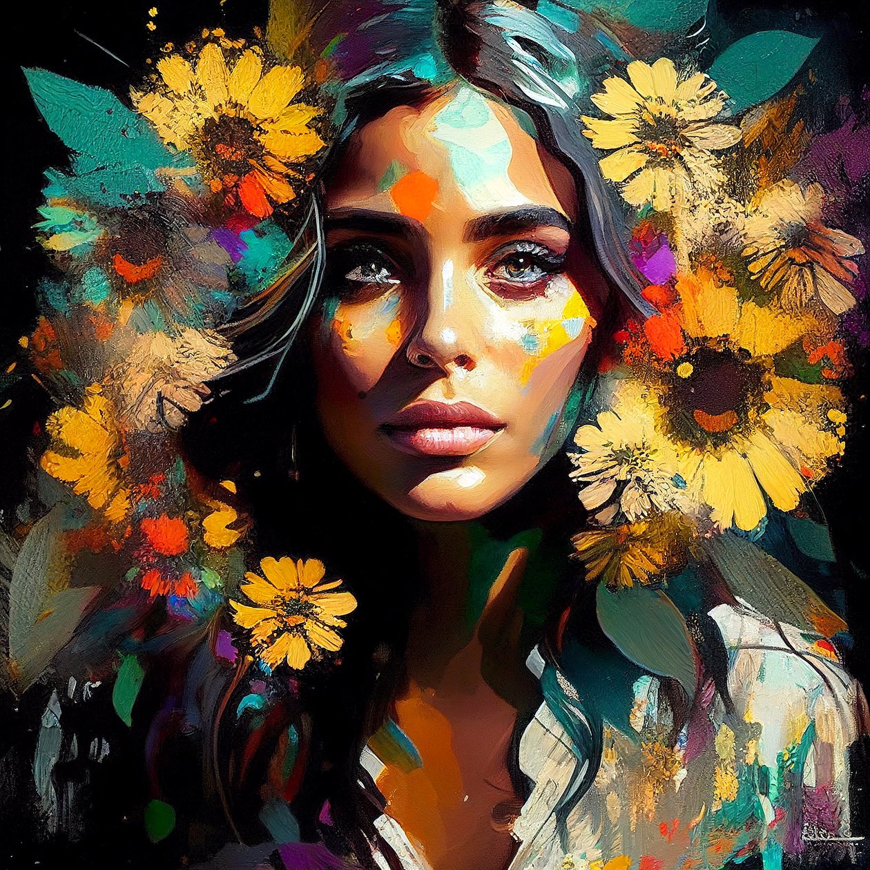 Natürliche Schönheit, Mexikanisches Mädchen umgeben von Sonnenblumen von F. Abderrahim