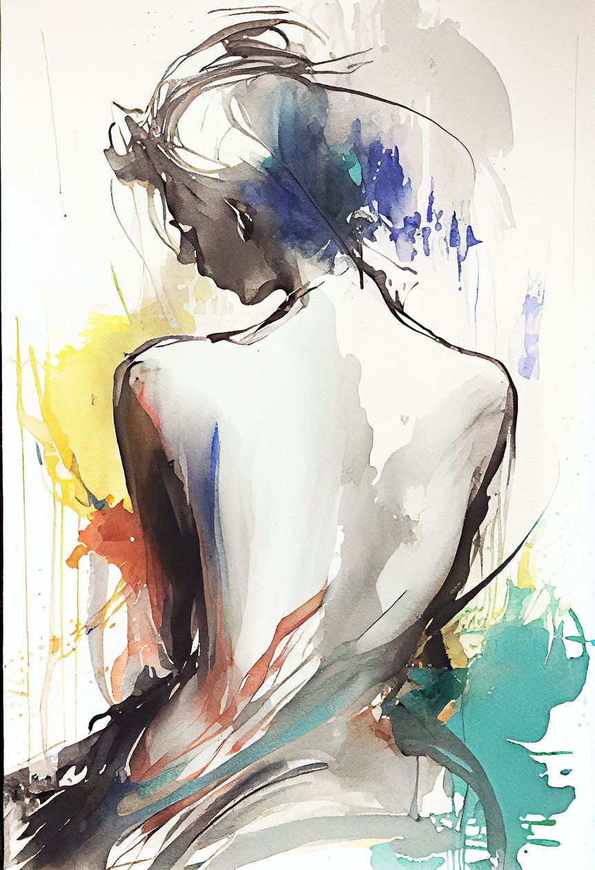 Aquarellzeichnung, die eine sitzende Frau von hinten darstellt von F. Abderrahim