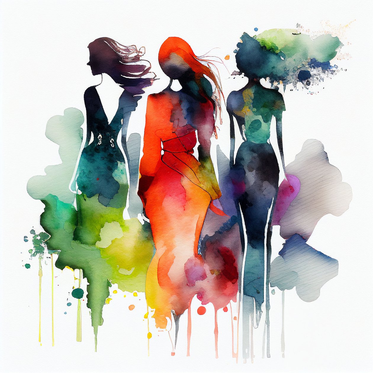 Aquarellmode Mädchenmalerei, Blau nebliger & weißer Hintergrund von F. Abderrahim