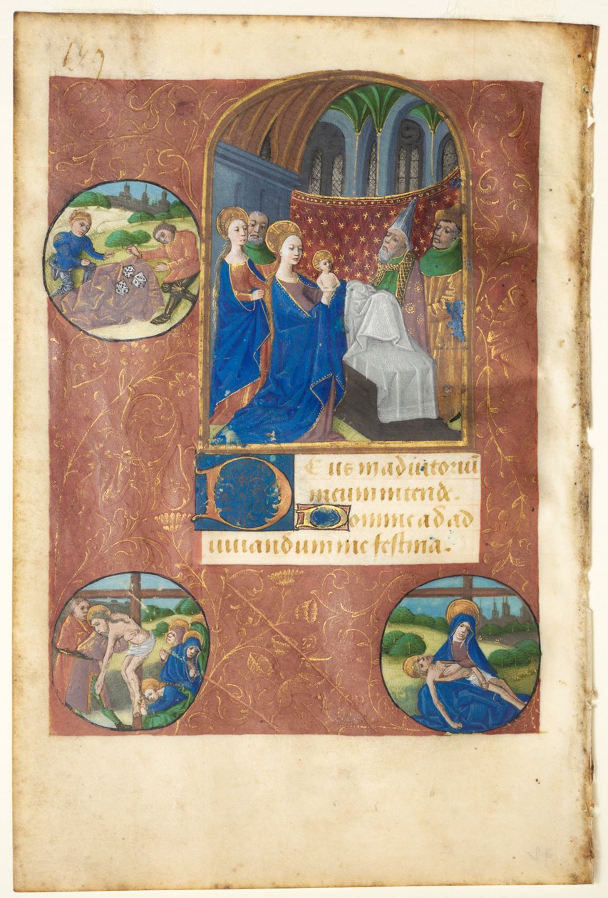 Blatt aus einem Stundenbuch: Darstellung im Tempel mit Rundbildern des Loswerfens, der Kreuzabnahme und Pietà (Non, Marienoffizium) von follower of Master of Adélaïde de Savoie