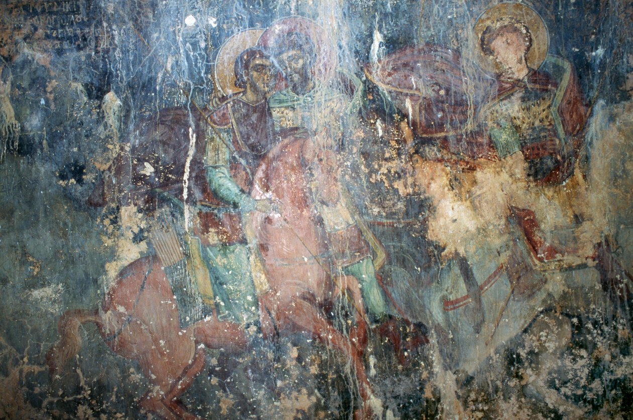 Heilige zu Pferd, Fresko in der byzantinischen Kirche von Agios Athanasios, Kefali, Kreta, Griechenland (Foto) von Theodore Charles Ange Coquelin
