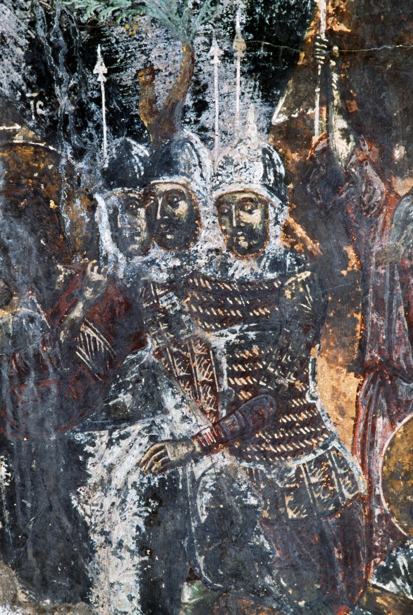 Soldat, beschädigtes Fresko an der Decke der Kirche von Agios Vasileios, Vavouledo, Kreta, Griechenland (Foto) von Theodore Charles Ange Coquelin
