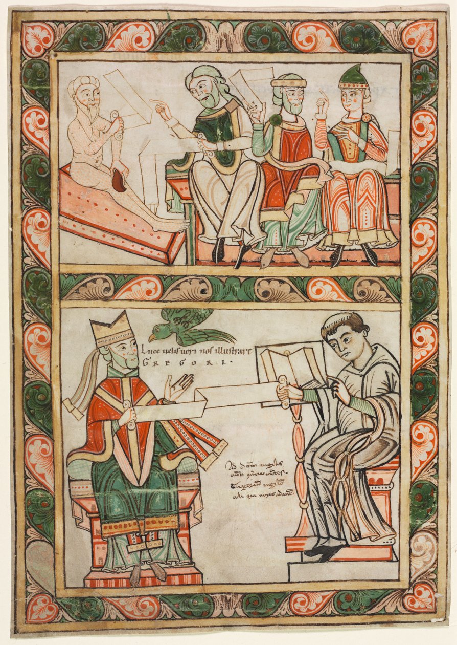 Titelseite von St. Gregors "Moralia": Hiob besucht von seinen drei Freunden (oben) und Gregor der Große und sein Diakon Peter (unten) von probably by Abbot Frowin