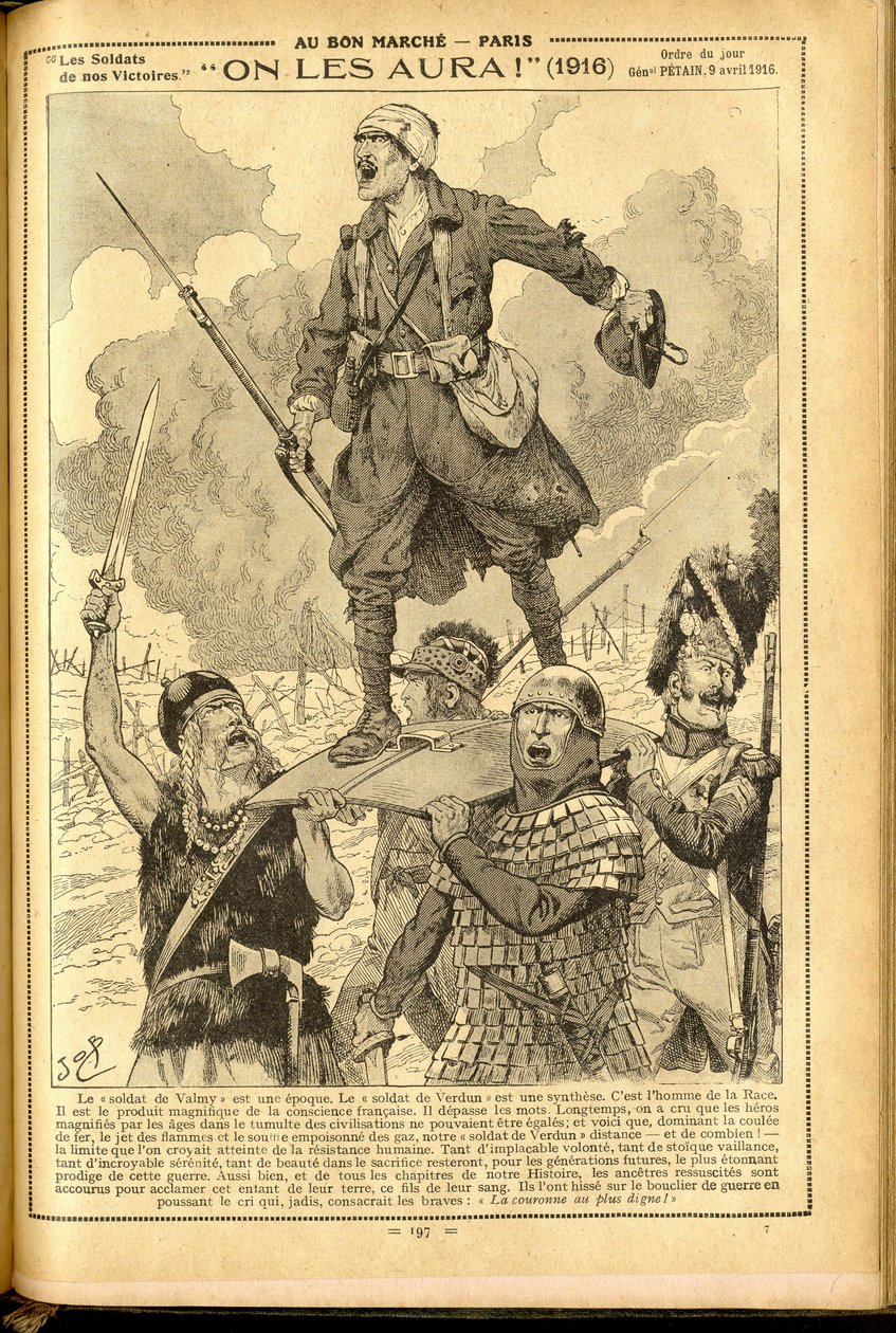 Agenda Buvard du Bon Marche 1917 - Illustration von Job (Jacques Marie Gaston Onfray und Breville): Wir werden sie haben! 1916 - Krieg von 14-18, Medizin, Gesundheit, Uniformen, Große Schlachten, Rüstung - Soldaten, Gallier - Historisch von pseudonym for Onfray de Breville Jacques Job