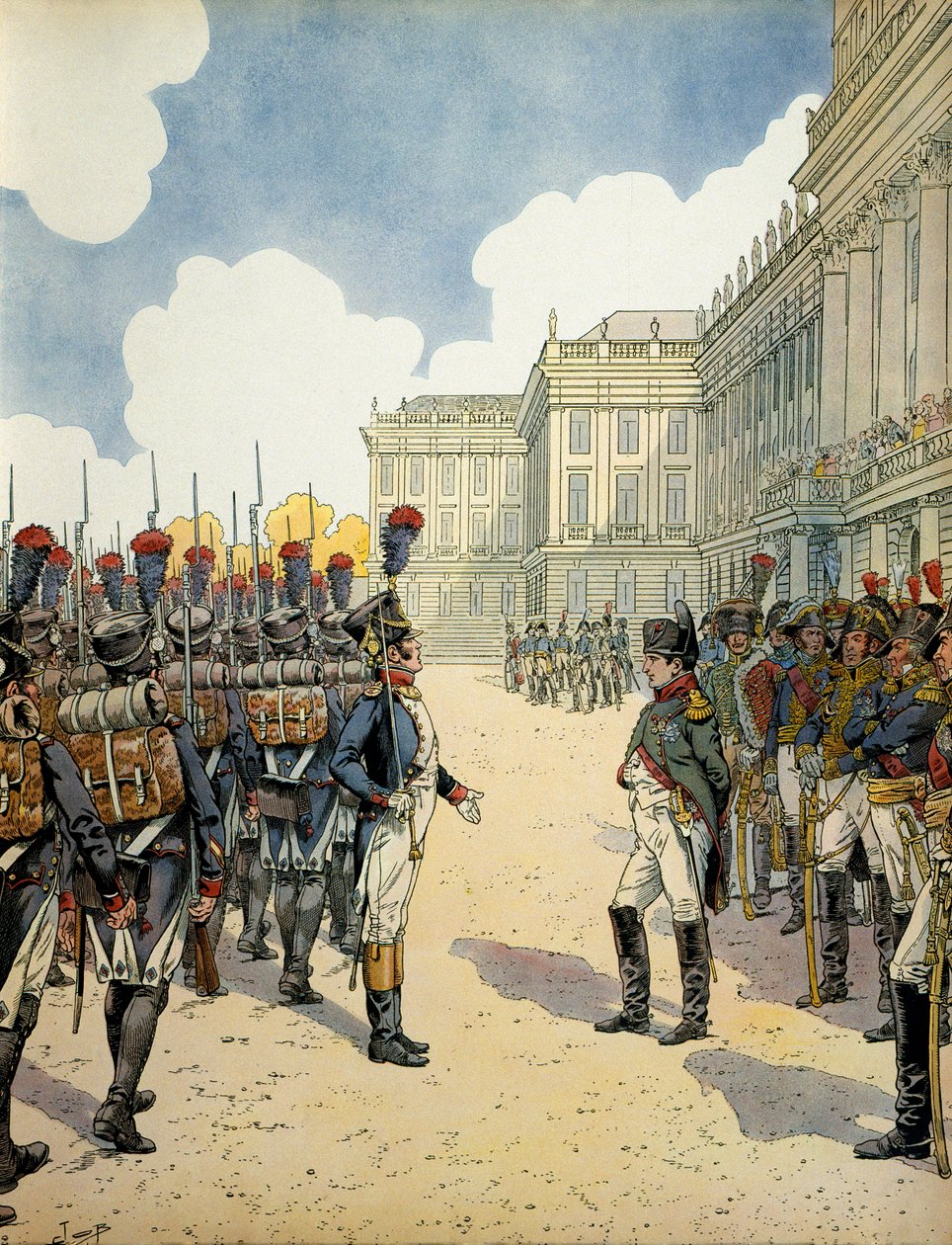 In Schoenbrunn, Napoleon I. Bonaparte (1769-1821) überprüfte die Truppen vor der Schlacht von Wagram am 5. und 6. Juli von pseudonym for Onfray de Breville Jacques Job