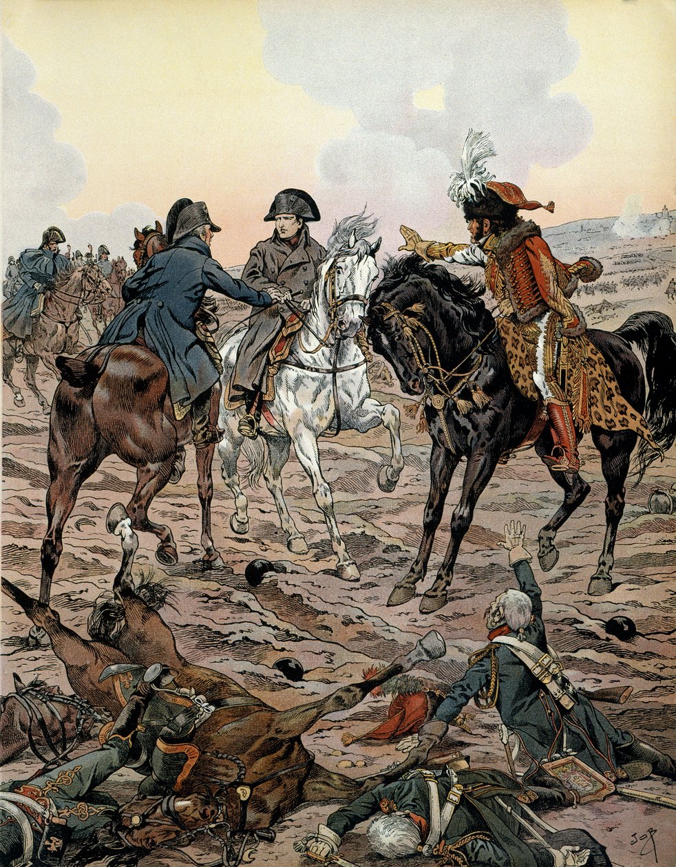 Österreichfeldzug (1805): In der Schlacht von Ulm (zwischen 15. und 17. Oktober 1805) bitten Louis Alexandre (Louis-Alexandre) Berthier (1753-1815) und Joachim Murat (1767-1815) den Kaiser, sich aus Sicherheitsgründen vom Schlachtfeld zu entfernen. In „Nap von pseudonym for Onfray de Breville Jacques Job
