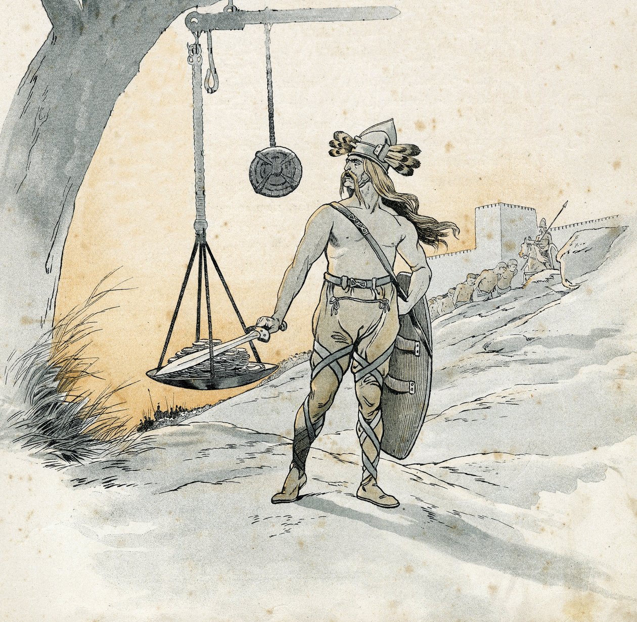 Eroberung Roms (Plünderung Roms im Jahr 390 v. Chr.). Geschichte von Brennus (Brennos), gallischer Kriegsherr, der das schreckliche Wort Vae Victis (Wehe den Besiegten) aussprach. in „Frankreich, seine Geschichte erzählt von G. Montorgueil, illustriert von von pseudonym for Onfray de Breville Jacques Job