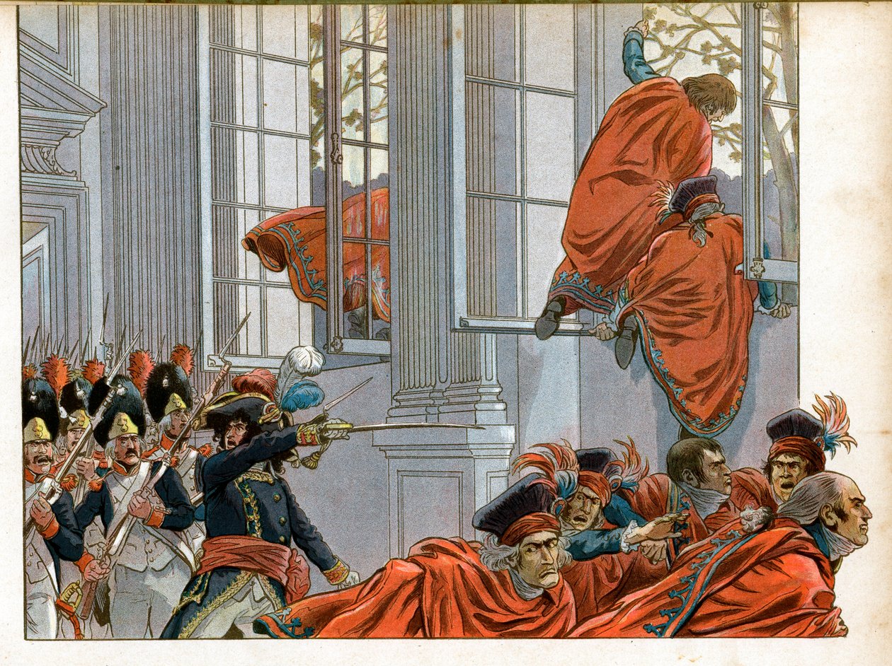 Konsulat: Joachim Murat (1767-1815) betritt die Kammer des Rates der Fünfhundert mit 50 Männern, um die Senatoren während des Staatsstreichs vom 18. Brumaire (9.11.1799) zu vertreiben, der das Direktorium beendete und das Konsulat einführte von pseudonym for Onfray de Breville Jacques Job