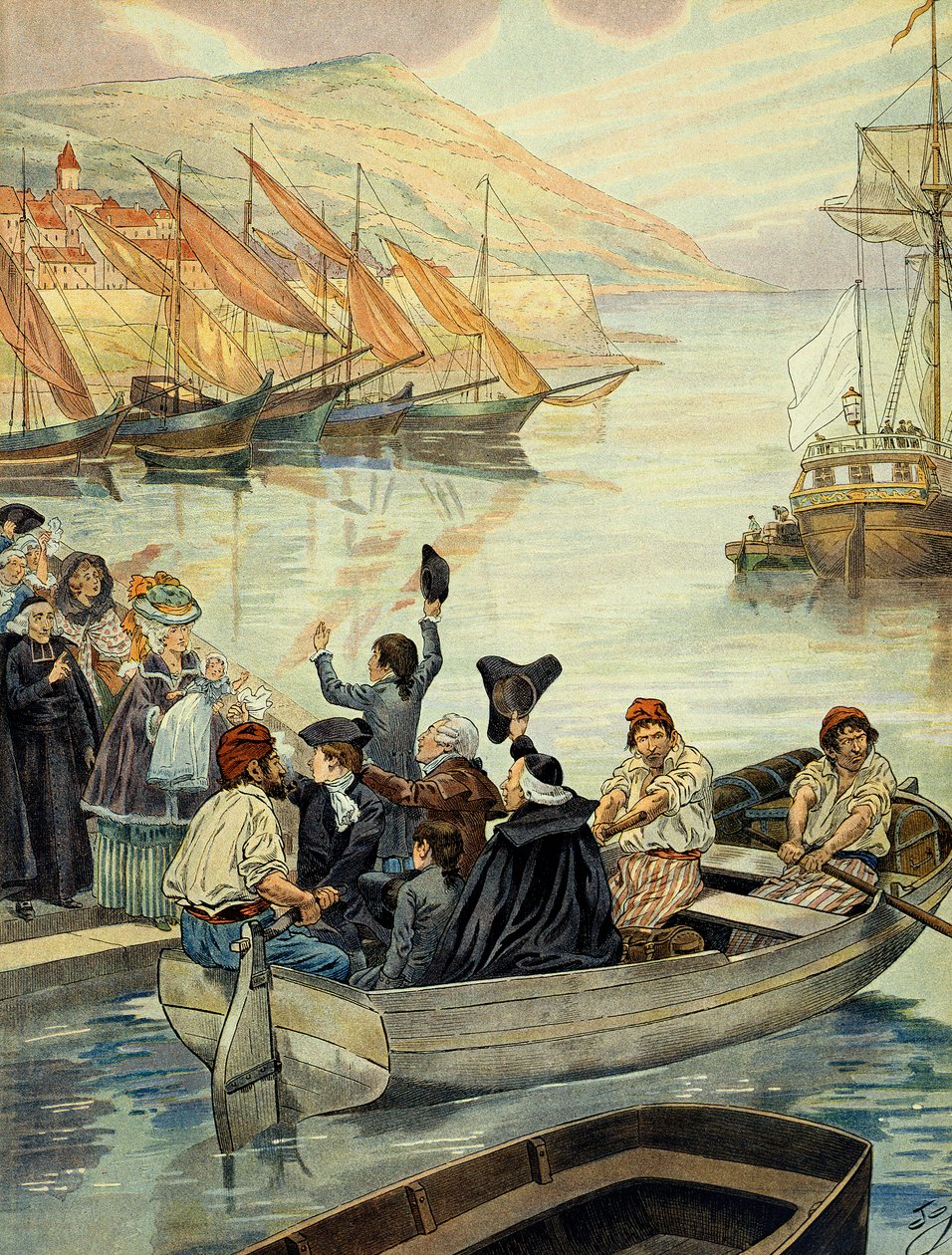 Abfahrt von Ajaccio auf Korsika am 15. Dezember 1778; Charles Bonaparte (1746-1785) segelte mit seinen Söhnen Joseph Bonaparte (1768-1844) und Napoleon I. Bonaparte (1769-1821) und seinem Schwager Joseph Fesch (1763-1839) nach Marseille, um nach Versailles von pseudonym for Onfray de Breville Jacques Job