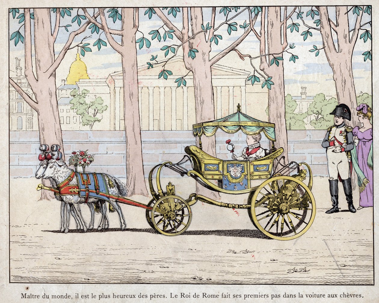 Kaiser Napoleon I. Bonaparte mit seinem Sohn Prinz Napoleon Franz Karl Joseph Bonaparte, der König von Rom Napoleon II. wurde, später auch Aiglon genannt - Napoleon beobachtet den König von Italien (Napoleon II.) bei seinen ersten Schritten in einem Ka von pseudonym for Onfray de Breville Jacques Job