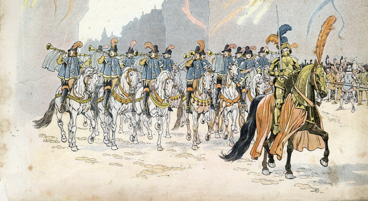 Einzug von König Karl VI. (1368-1422) in Paris begleitet von dreißig Trompeten. in 