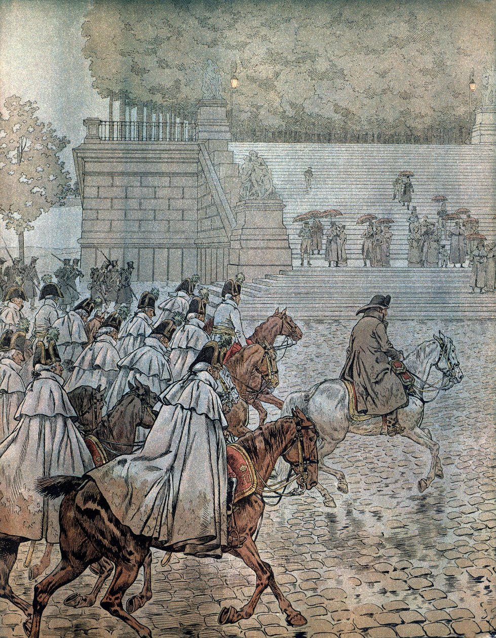 Deutscher Feldzug 1813: Napoleon I. Bonaparte (1769-1821) und sein Generalstab kehren nach dem Sieg in der Schlacht am 26. und 27. August nach Dresden zurück. In „Napoleon“ von Georges Montorgueil. Illustration von Jacques Marie Gaston Onfray de Breville,  von pseudonym for Onfray de Breville Jacques Job