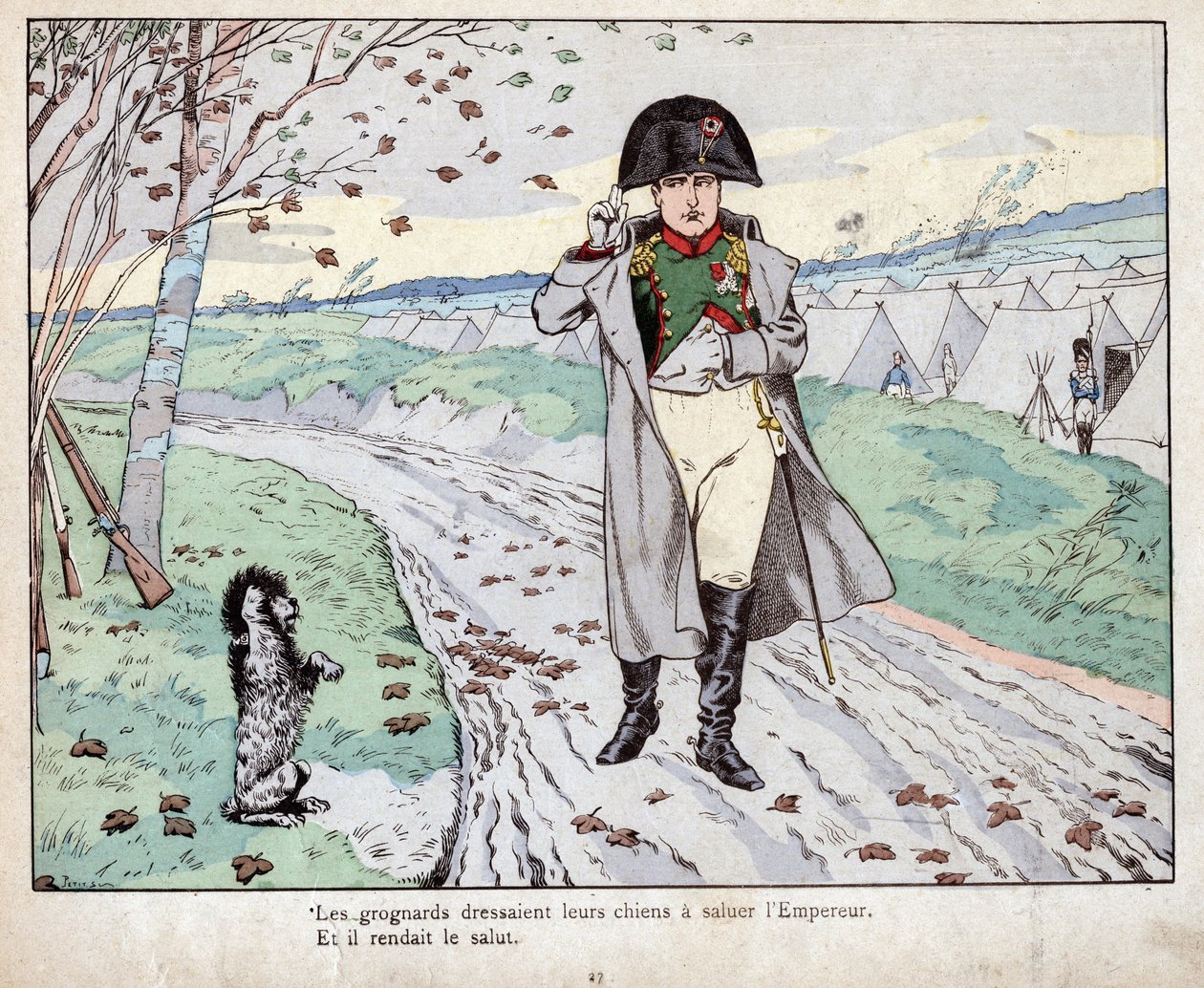 Grognards (Alte Garde von Napoleon Bonaparte) trainierten ihre Hunde, um den Kaiser zu grüßen - Lithographie von Job (Jacques Onfroy de Breville) aus Le Grand Napoleon des Petites Enfants 1893 von pseudonym for Onfray de Breville Jacques Job
