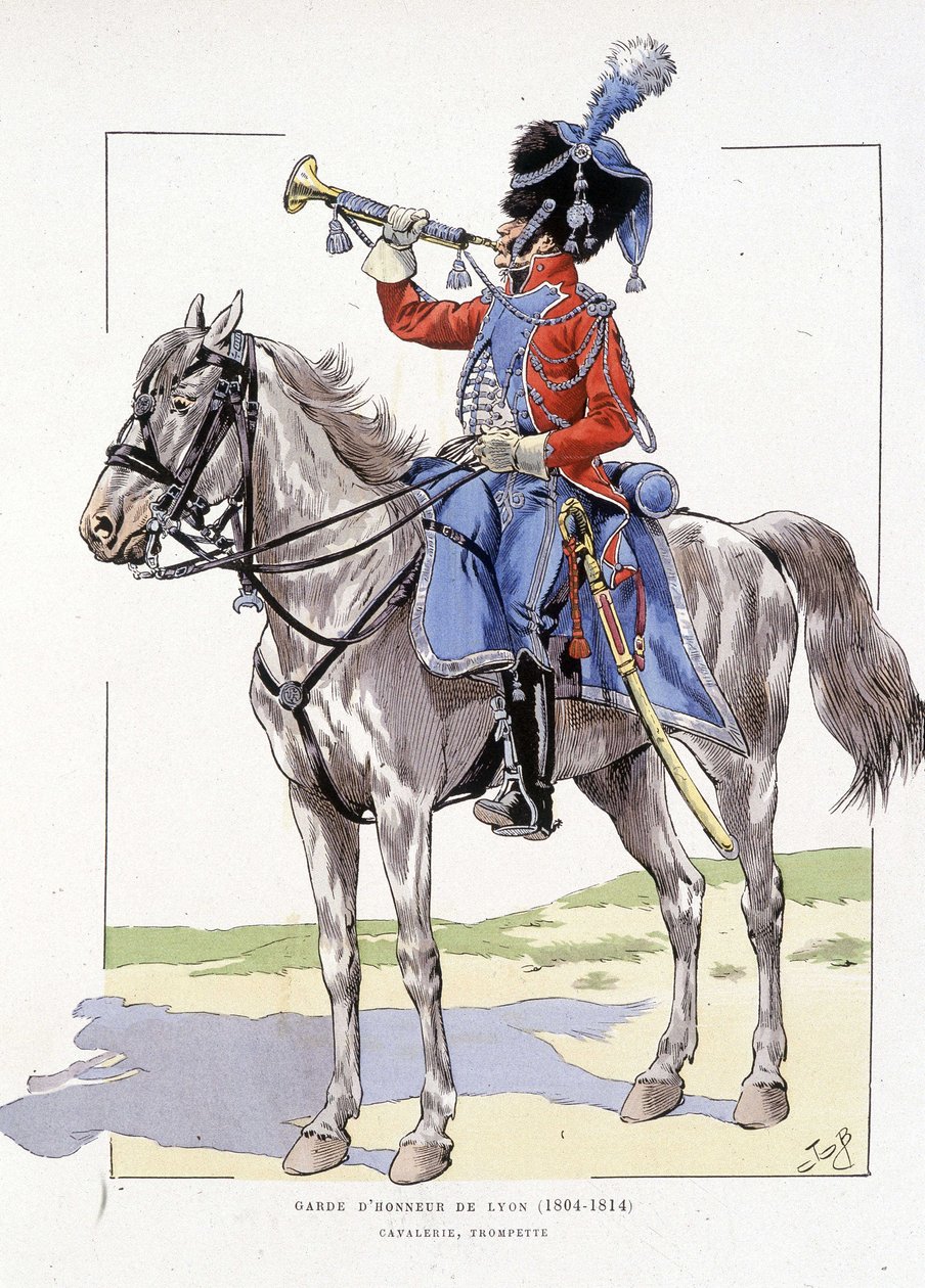 Ehrenwache von Lyon von 1804 bis 1814, Trompeter zu Pferd - in „Hue des troupes de France“, ill. von Job von pseudonym for Onfray de Breville Jacques Job