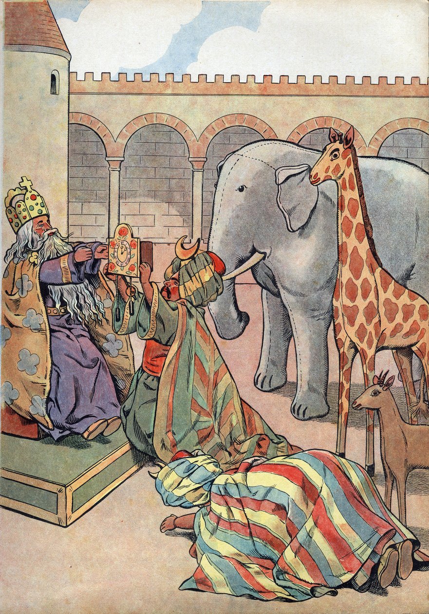 Geschichte Frankreichs. Szene aus dem Leben Karls des Großen in Spielzeug: Kalif Harun al-Raschid schenkt dem König von Frankreich Karl dem Großen (742-814) eine Giraffe, einen Elefanten und eine Uhr. In „Joujoux à l