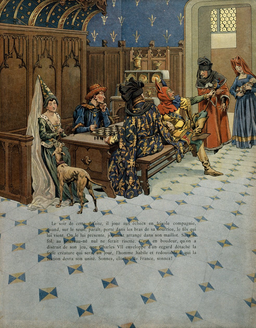 Geschichte Frankreichs im Mittelalter: Geburt von Ludwig (später König von Frankreich Ludwig XI., genannt der Kluge (1423-1483). Er wird seinem Vater König Karl VII. (1403-1461) vorgestellt. Illustration von Jacques Marie Gaston Onfray de Breville, genannt von pseudonym for Onfray de Breville Jacques Job