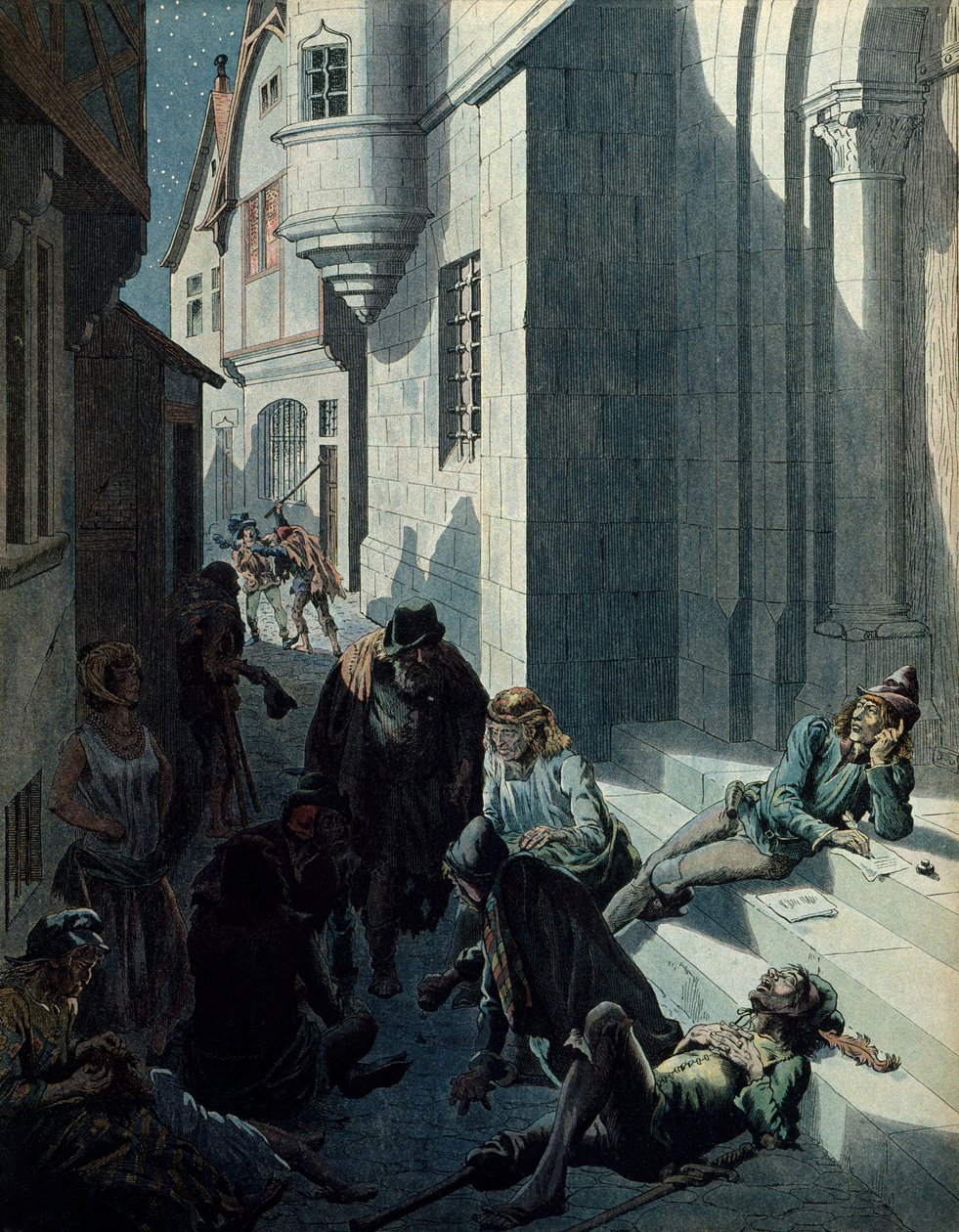 Geschichte Frankreichs im Mittelalter: François de Montcorbier bekannt als François Villon (1431-1463?), Dichter, der seine Werke in der Armut der Straßen von Paris verfasst. Illustration von Jacques Marie Gaston Onfray de Bréville dit JOB (1858-1931) von pseudonym for Onfray de Breville Jacques Job