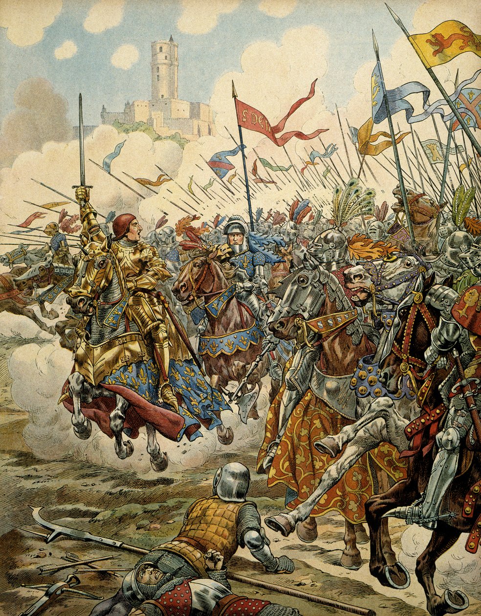 Geschichte Frankreichs im Mittelalter: König Ludwig XI. genannt der Kluge (1423-1483) an der Spitze seiner Armee während der Schlacht von Montlhéry gegen die Ligue du Bien Public, 16. Juli von pseudonym for Onfray de Breville Jacques Job