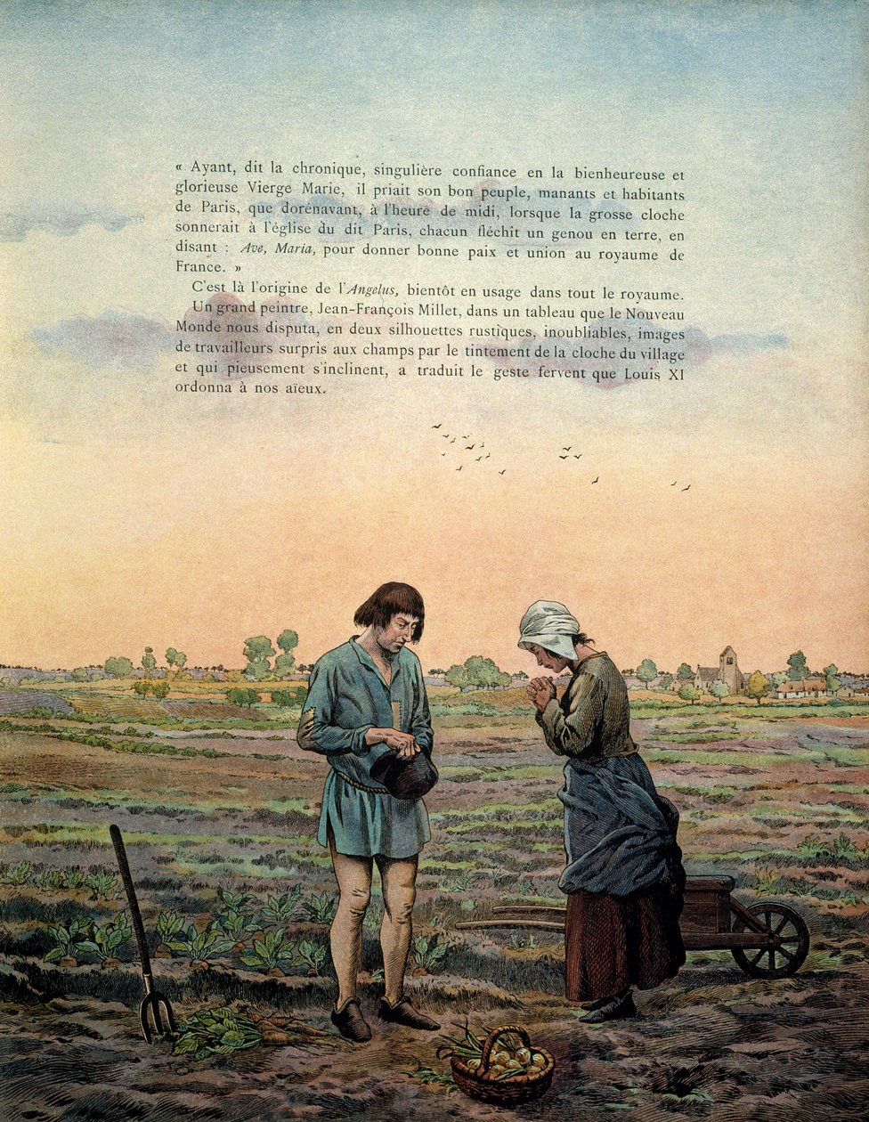 Geschichte Frankreichs im Mittelalter: König Ludwig XI. genannt der Kluge (1423-1483) etabliert das Gebet des Angelus. Illustration von Jacques Marie Gaston Onfray de Bréville dit JOB (1858-1931) von pseudonym for Onfray de Breville Jacques Job