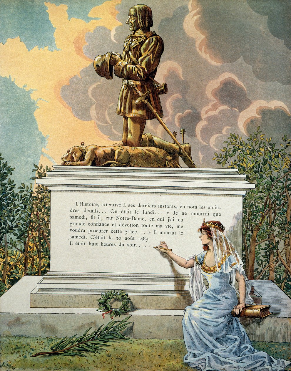 Geschichte Frankreichs im Mittelalter: Grab des Königs von Frankreich Ludwig XI. genannt der Kluge (1423-1483) in Notre Dame de Cléry (Notre-Dame-de-Cléry), Loiretal. Illustration von Jacques Marie Gaston Onfray de Bréville dit JOB (1858-1931) von pseudonym for Onfray de Breville Jacques Job