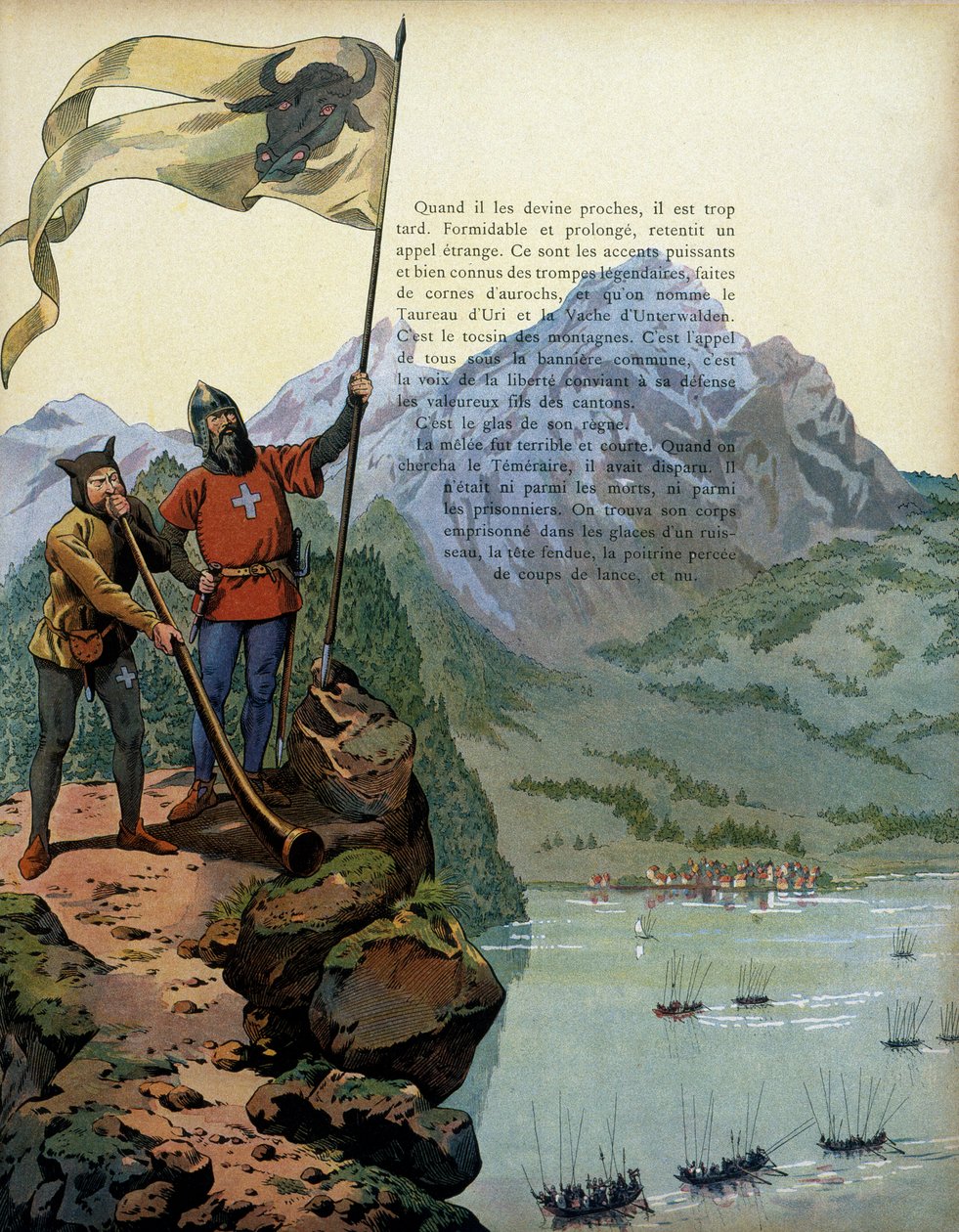Geschichte Frankreichs im Mittelalter: Die Truppen von Karl dem Kühnen (1433-1477), Herzog von Burgund, betreten das Land Vaud in der Schweiz. Illustration von Jacques Marie Gaston Onfray de Breville, genannt JOB (1858-1931) von pseudonym for Onfray de Breville Jacques Job