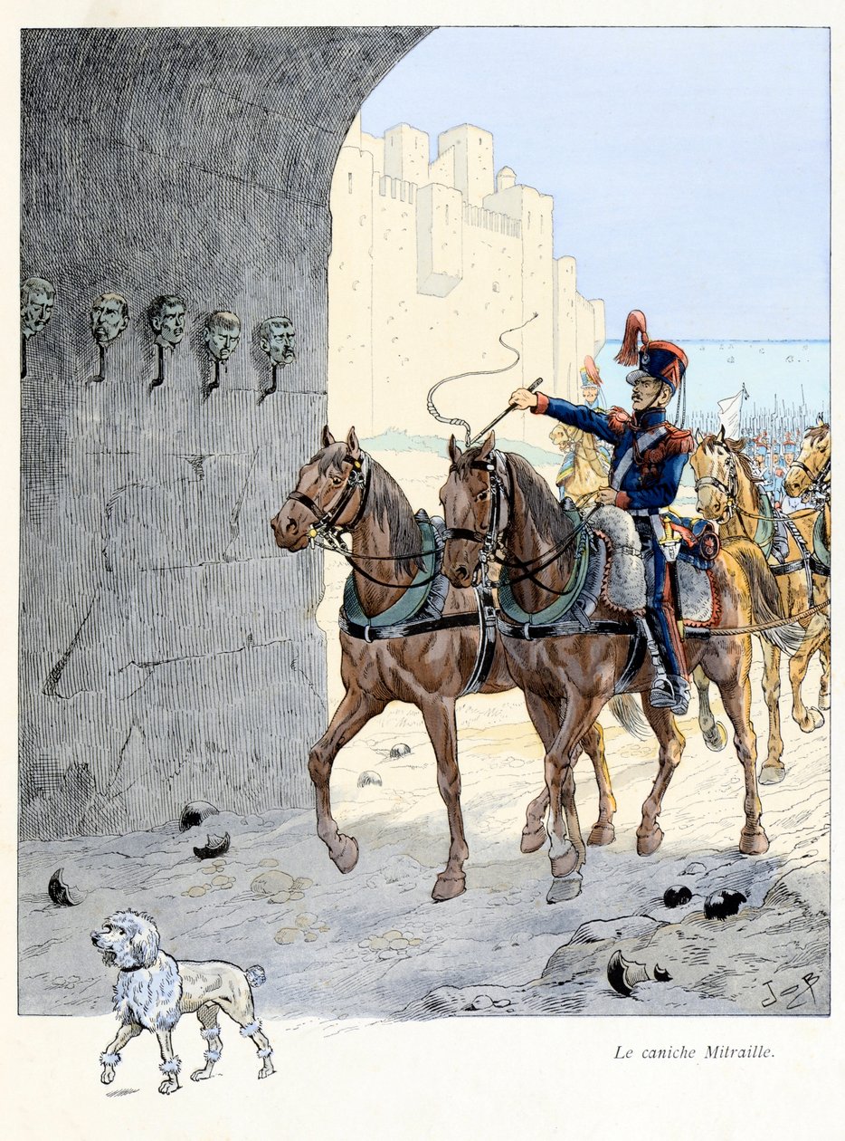 Illustration aus dem Buch „A la gloire des betes“, Text von A. Fabre, Zeichnungen von Jacques Marie Gaston Onfray de Breville dit JOB (1858-1931): Der Mitraille-Pudel von pseudonym for Onfray de Breville Jacques Job