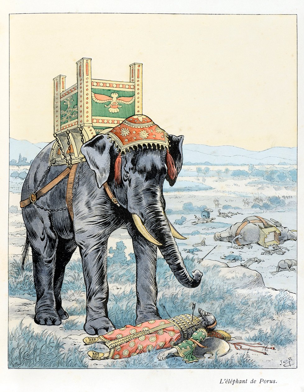Illustration aus dem Buch „A la gloire des betes“ Text von A Fabre, Zeichnungen von Jacques Marie Gaston Onfray de Breville dit JOB, Verlag Maison Alfred Mame et fils: Der Elefant von Porus (In der Schlacht von Hydaspe im Jahr 328 v. Chr. wurde Porus besie von pseudonym for Onfray de Breville Jacques Job