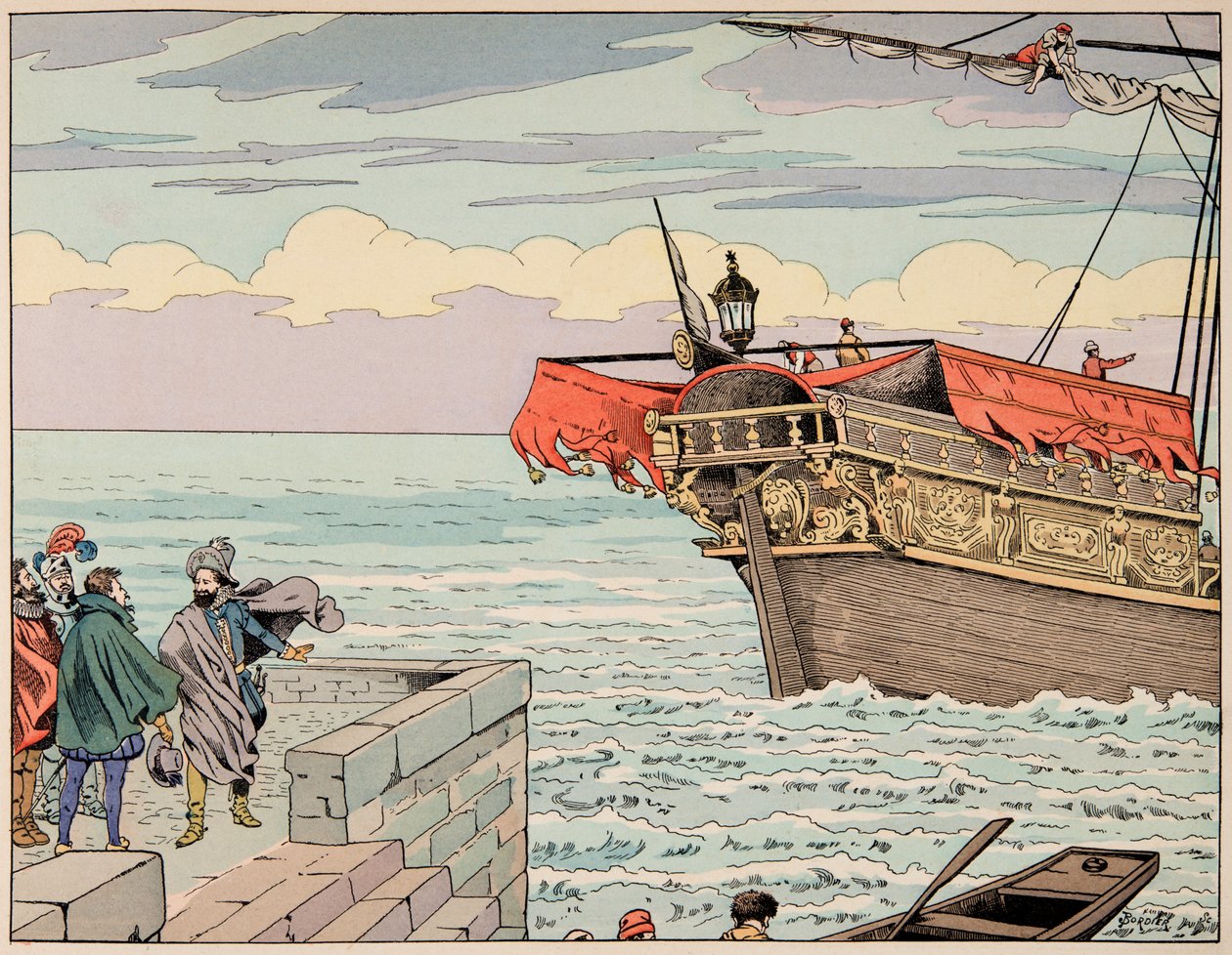 Illustration aus dem Buch „Le bon roy Henri“, illustriert von Jacques Marie Gaston Onfray de Breville dit JOB (1858-1931): Henri IV lehnt den Rat ab, nach England zu fliehen - Private Sammlung von pseudonym for Onfray de Breville Jacques Job