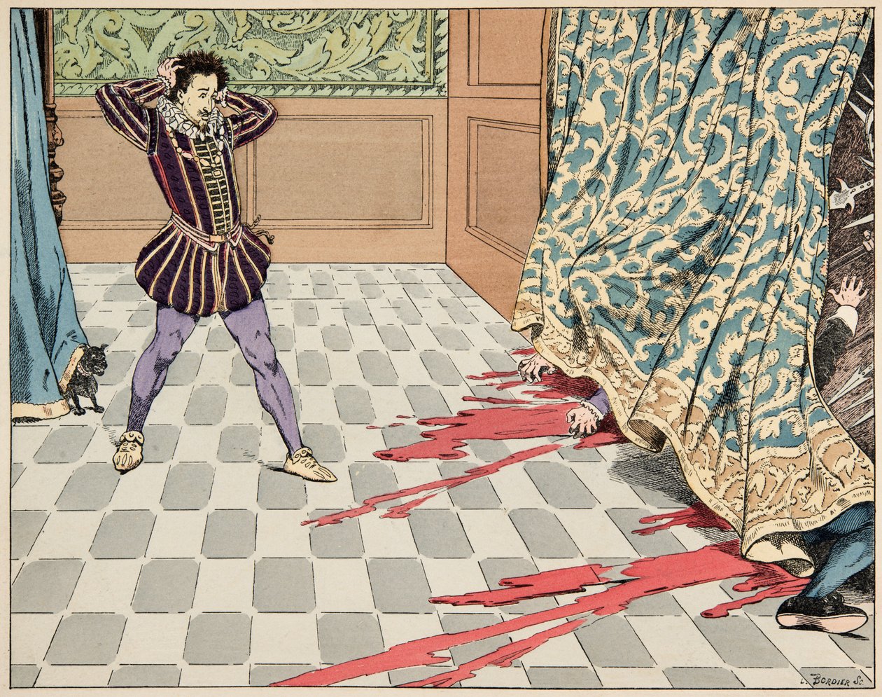 Illustration aus dem Buch „Le bon roy Henri“, illustriert von Jacques Marie Gaston Onfray de Breville dit JOB (1858-1931): Am Tag des Heiligen Bartholomäus werden seine beiden Freunde, Segur und La Rochefoucauld, vor seinen Augen ermordet - Private Sammlun von pseudonym for Onfray de Breville Jacques Job