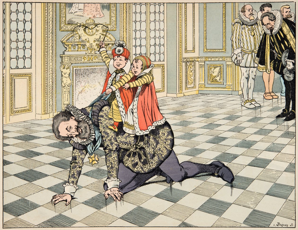 Illustration aus dem Buch „Le bon roy Henri“, illustriert von Jacques Marie Gaston Onfray de Breville dit JOB (1858-1931): Vor dem spanischen Botschafter spielt Henri IV mit seinen Kindern - Private Sammlung von pseudonym for Onfray de Breville Jacques Job