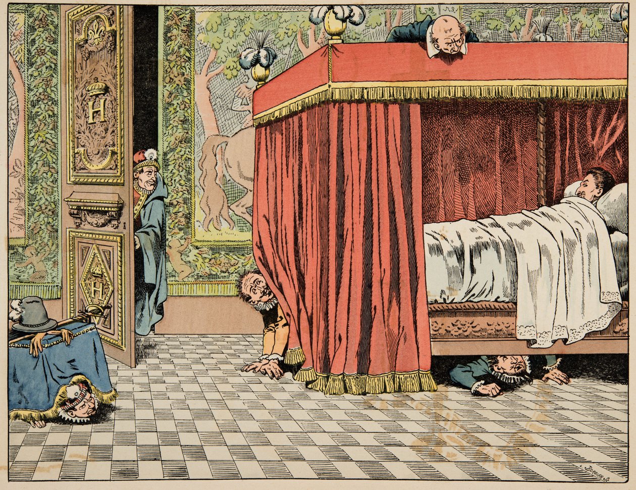 Illustration aus dem Buch „Der gute König Heinrich“, illustriert von Jacques Marie Gaston Onfray de Breville, genannt JOB (1858-1931): Heinrich IV. lebt in Paris unter den Augen von Spionen - Private Sammlung von pseudonym for Onfray de Breville Jacques Job