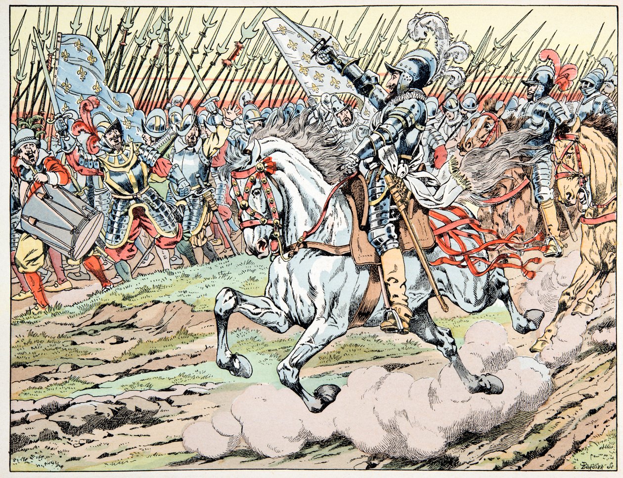 Illustration aus dem Buch „Le bon roy Henri“, illustriert von Jacques Marie Gaston Onfray de Breville dit JOB (1858-1931): Henri IV vor seiner Armee: Folge meiner weißen Feder - Private Sammlung von pseudonym for Onfray de Breville Jacques Job