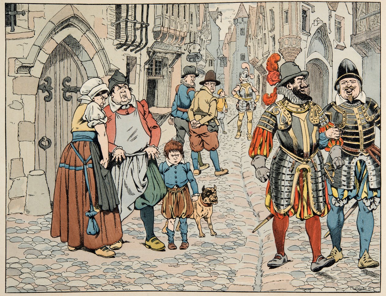 Illustration aus dem Buch „Le bon roy Henri“, illustriert von Jacques Marie Gaston Onfray de Breville dit JOB (1858-1931): Pariser sehen mit einem schlechten Auge die ausländischen Truppen, die ihnen zu Hilfe kommen - Private Sammlung von pseudonym for Onfray de Breville Jacques Job