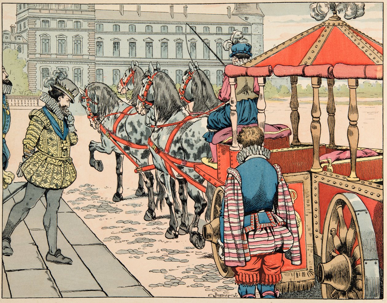 Illustration aus dem Buch „Le bon roy Henri“, illustriert von Jacques Marie Gaston Onfray de Breville dit JOB (1858-1931): Am 14. Mai 1610 bereitet sich Henri IV darauf vor, in seiner offenen Kutsche zu fahren von pseudonym for Onfray de Breville Jacques Job