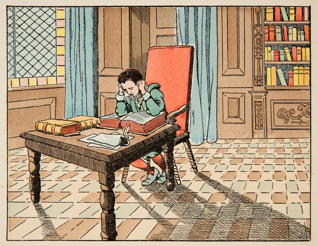 Illustration aus dem Buch „Le bon roy Henri“, illustriert von Jacques Marie Gaston Onfray de Breville dit JOB (1858-1931): Bildung im 16. Jahrhundert: Vorlesung der Klassiker - Private Sammlung von pseudonym for Onfray de Breville Jacques Job