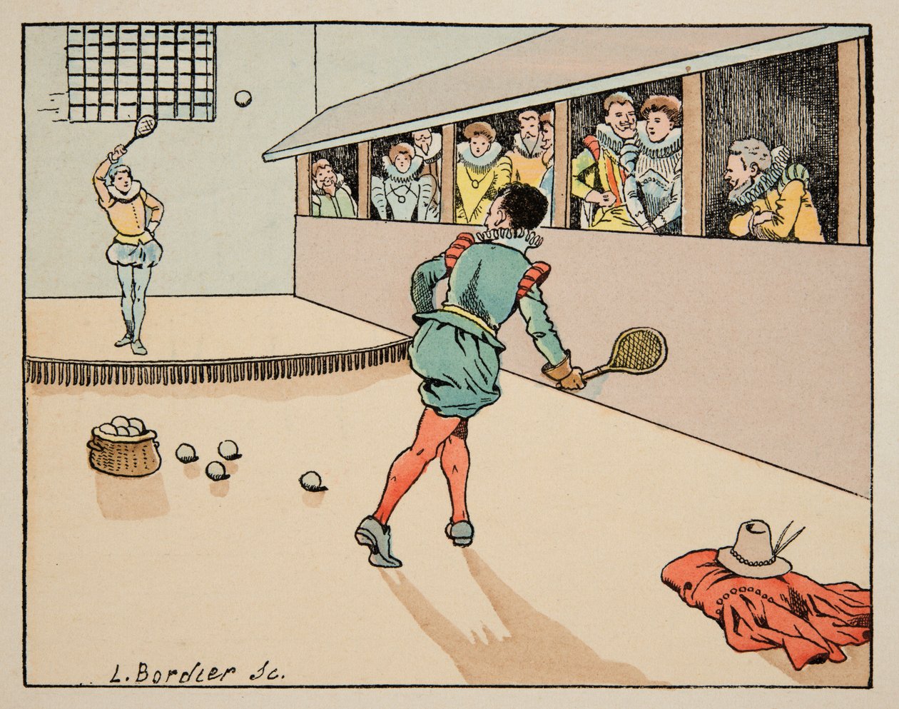 Illustration aus dem Buch „Le bon roy Henri“, illustriert von Jacques Marie Gaston Onfray de Breville dit JOB (1858-1931): Bildung im 16. Jahrhundert: Palmspiel - Private Sammlung von pseudonym for Onfray de Breville Jacques Job