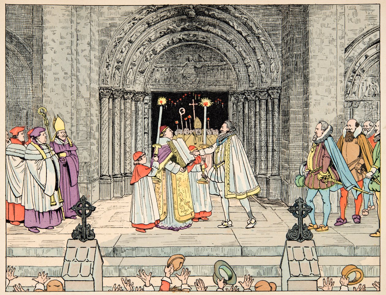Illustration aus dem Buch „Le bon roy Henri“, illustriert von Jacques Marie Gaston Onfray de Breville dit JOB (1858-1931): Henri IV, Basilika Saint Denis, schwört seiner Religion ab und konvertiert von pseudonym for Onfray de Breville Jacques Job