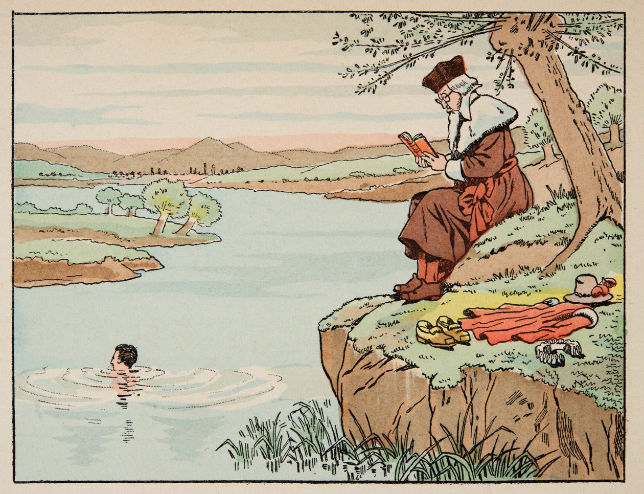 Illustration aus dem Buch „Le bon roy Henri“, illustriert von Jacques Marie Gaston Onfray de Breville dit JOB (1858-1931): Erziehung im 16. Jahrhundert: Schwimmen - Privatsammlung von pseudonym for Onfray de Breville Jacques Job
