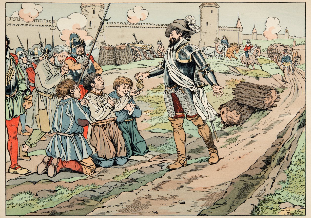 Illustration aus dem Buch „Le bon roy Henri“, illustriert von Job: Heinrich IV. gibt Geld und befreit Bauern, die versucht haben, Lebensmittel nach Paris zu bringen von pseudonym for Onfray de Breville Jacques Job