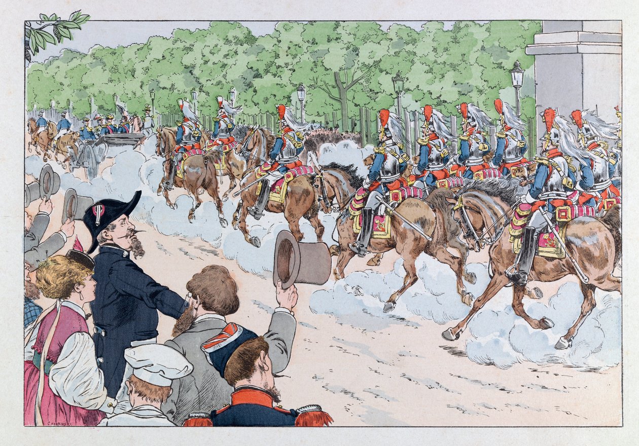Illustration aus dem Buch „Les épées de France“: Eskorte von Kaiser Napoleon III. auf den Champs-Élysées von pseudonym for Onfray de Breville Jacques Job