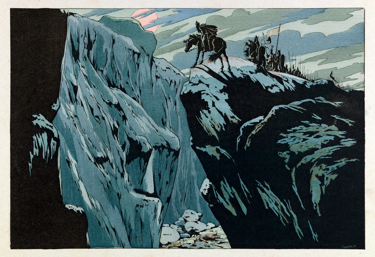 Illustration aus dem Buch „Les épées de France“: Tod von Roland in Roncevaux im Jahr 778 von pseudonym for Onfray de Breville Jacques Job