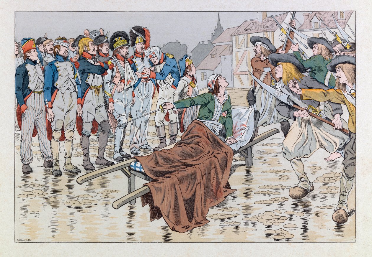 Jacques Marie Gaston Onfray de Breville dit JOB (1858 - 1931); Illustration aus dem Buch „Les épées de France“: Der Marquis de Bonchamps, tödlich verwundet nach der Schlacht von Cholet im Jahr 1793, rettet republikanische Gefangene aus den Händen der Choua von pseudonym for Onfray de Breville Jacques Job