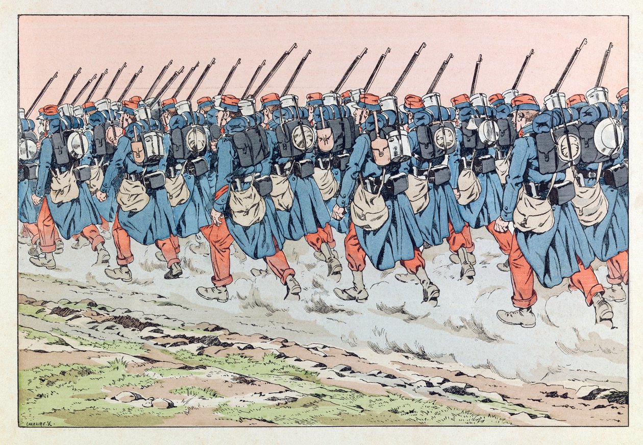 Jacques Marie Gaston Onfray de Breville genannt JOB (1858 - 1931); Illustration aus dem Buch „Les épées de France“: Les poilus de 14 en route pour le front von pseudonym for Onfray de Breville Jacques Job