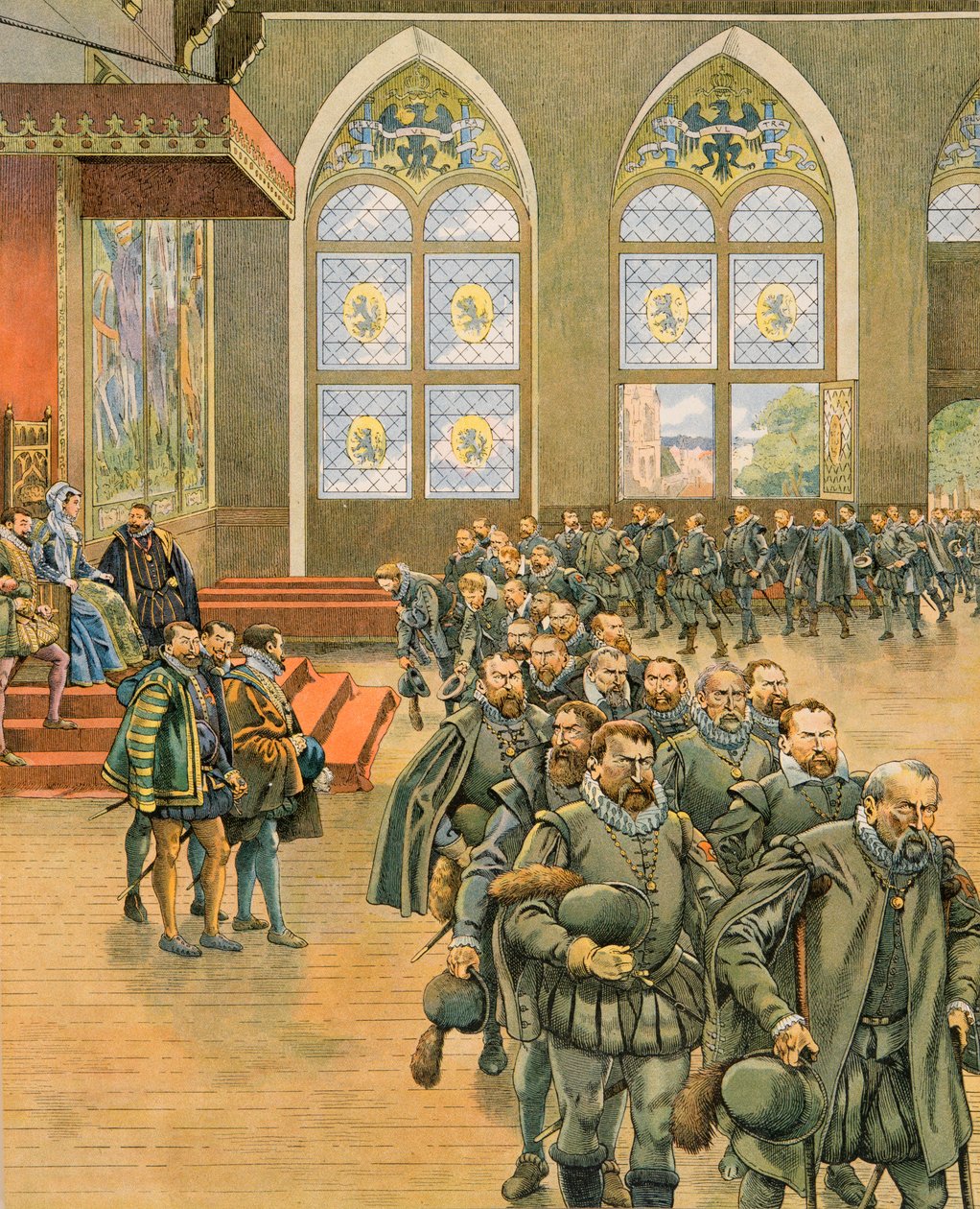 Die Gueux präsentieren ihre respektvollen Beschwerden an Marguerite de Parma (1522-1586), Gouverneurin der Niederlande unter Philipp II (1527-1598), 1566 von pseudonym for Onfray de Breville Jacques Job