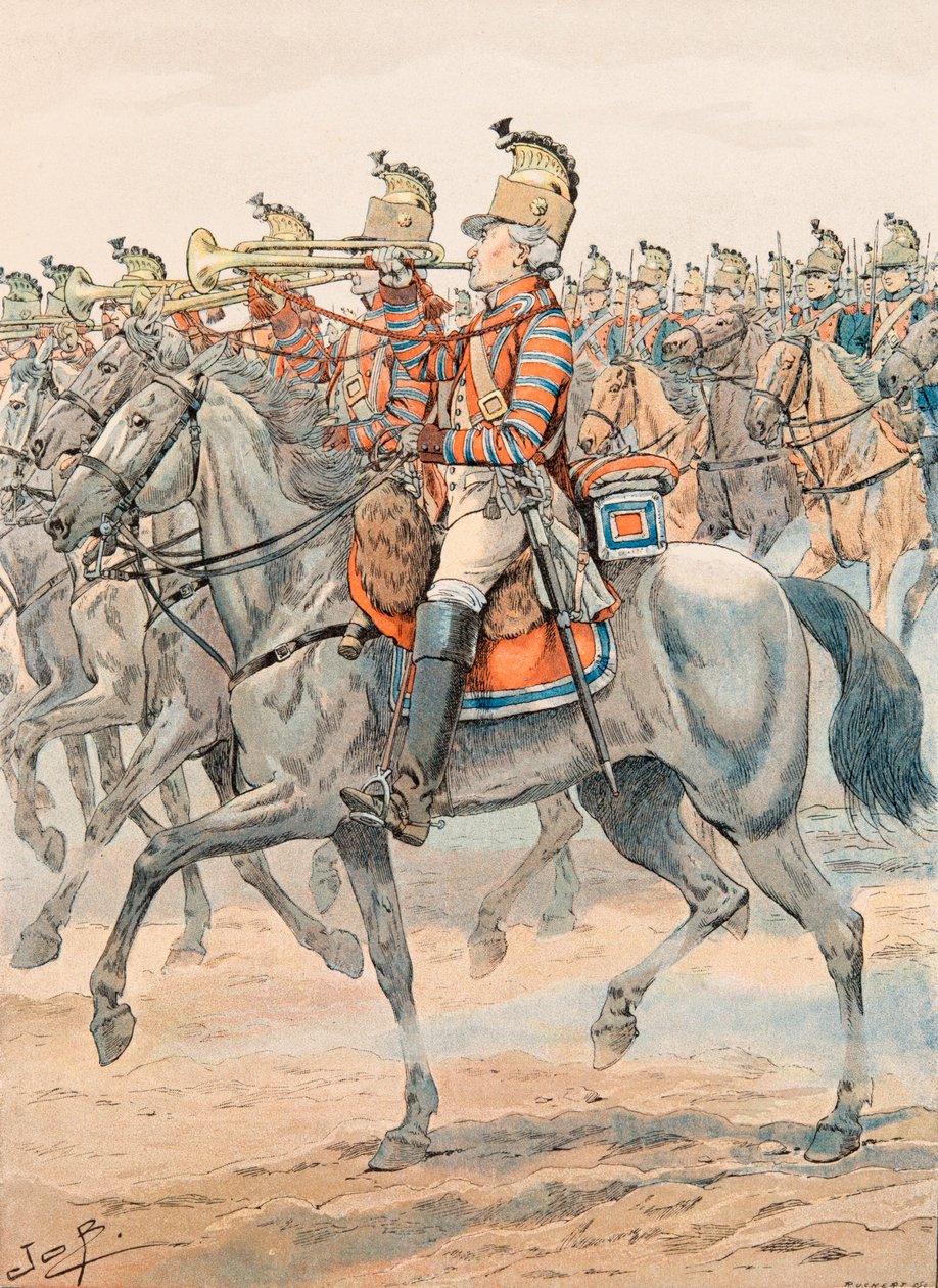Uniformen der französischen Truppen zu allen Zeiten: Trompeter des Orleans-Regiments - Dragons (1781) von pseudonym for Onfray de Breville Jacques Job