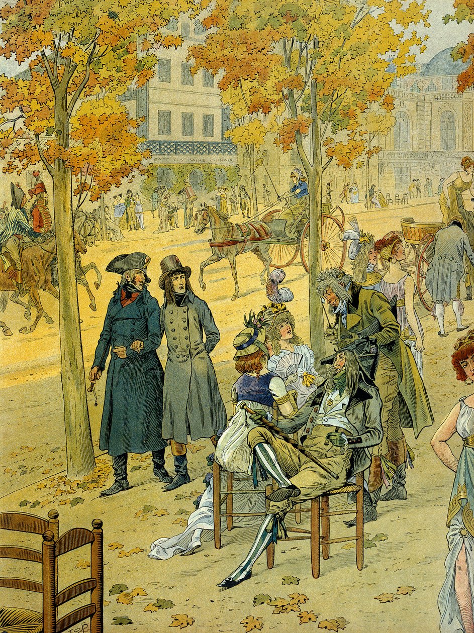 Jean Andoche Junot (Jean-Andoche) (1771-1813) und Napoleon I. Bonaparte (1769-1821) spazieren entlang des Boulevard de Coblenz (Boulevard de Gent) in Paris vor dem Unglaublichen. Illustration von Jacques Marie Gaston Onfray de Breville, genannt JOB (1858-1 von pseudonym for Onfray de Breville Jacques Job