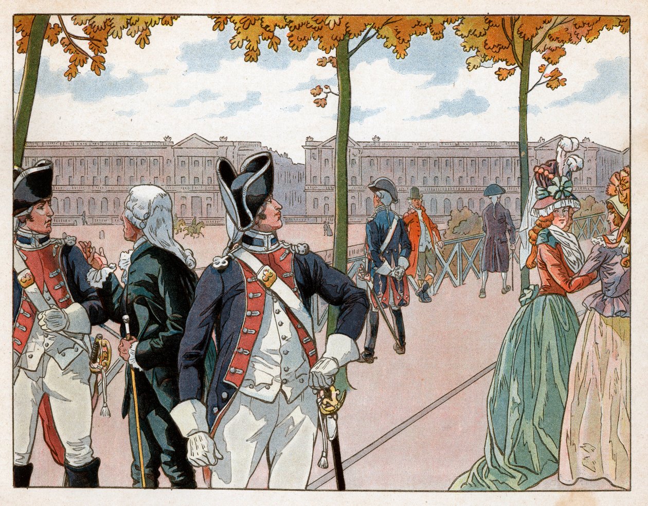 Joachim Murat (1767-1815) und Bessières in Paris im Jahr 1791 in der Uniform der konstitutionellen Garde des Königs. Gravur von Jacques Marie Gaston Onfray de Breville dit Job (1858-1931) von pseudonym for Onfray de Breville Jacques Job