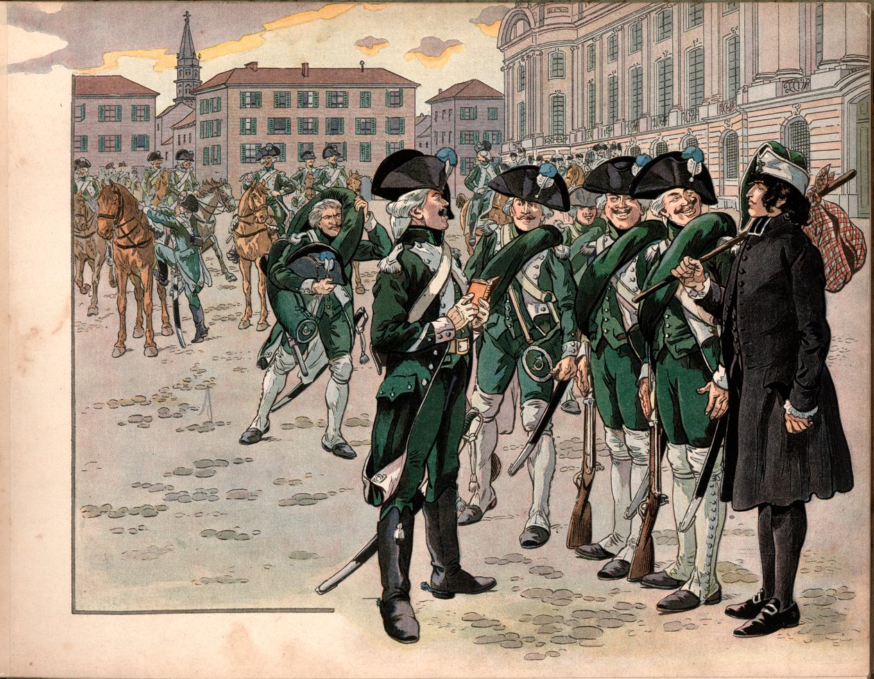 Joachim Murat trat 1787 dem Regiment der Ardennenjäger bei. Gravur von Jacques Marie Gaston Onfray de Breville, genannt Job von pseudonym for Onfray de Breville Jacques Job